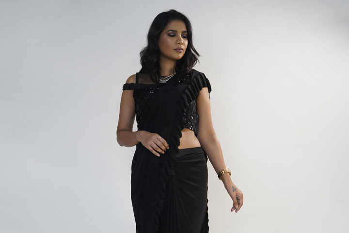 Cocktail Party Look- Black Ruffle Saree Slider